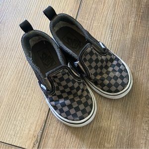 Black and Grey Checkered Toddler Slip on Vans